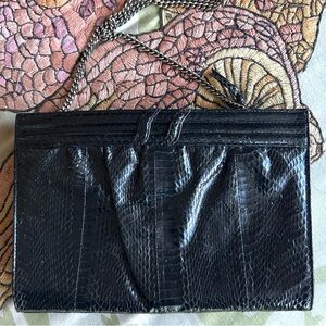 Vintage Mary Ann Rosenfeld Black Snakeskin Clutch Chain Bag